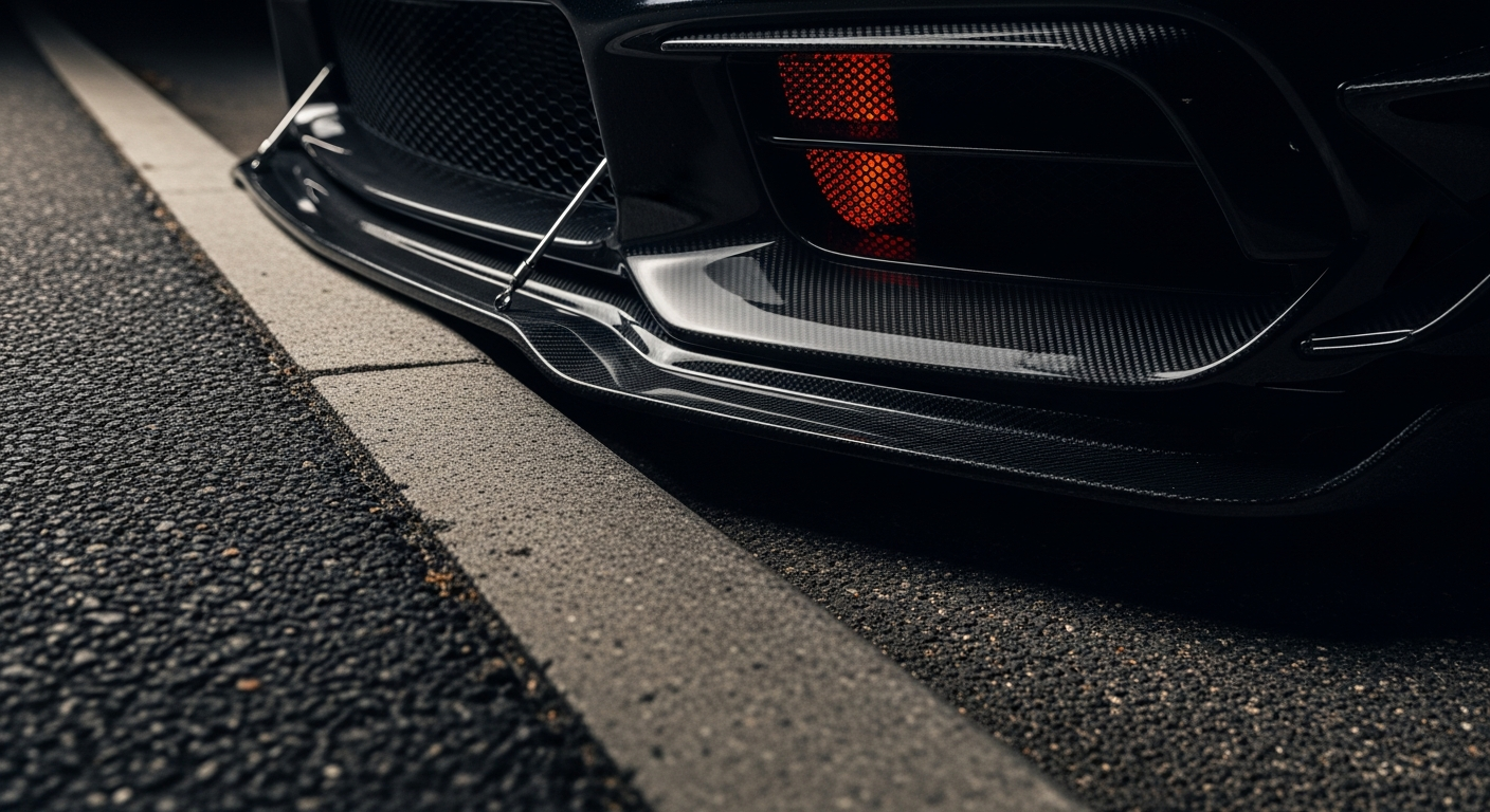 Lowered sports car approaching a curb